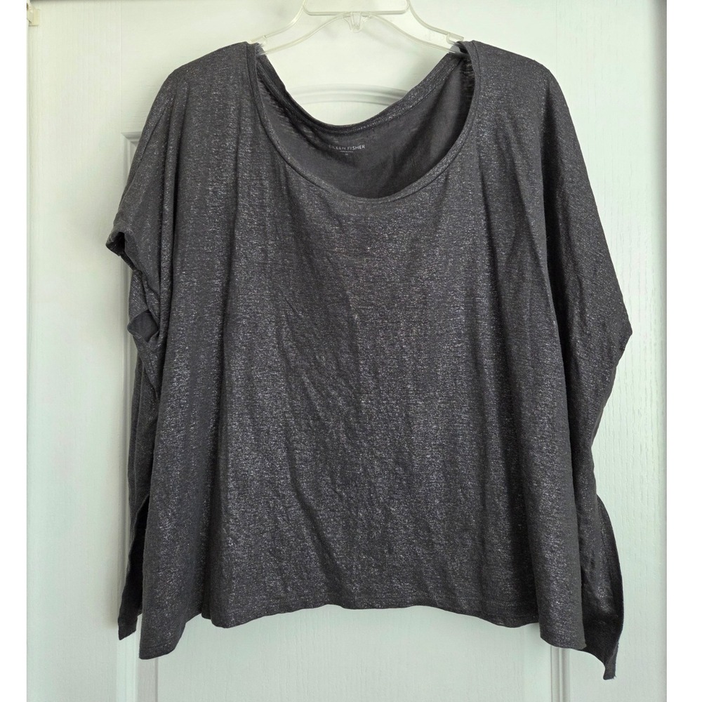 Eileen Fisher Gray Metallic Linen Boat Neck Boxy Top Blouse Size M Minimalist